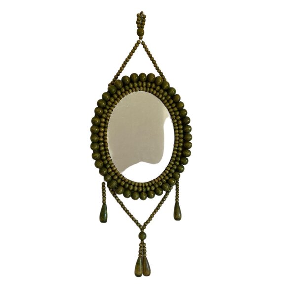 VTG Green Wooden Beads Tassels Frame Oval Mirror Boho Wall Hanging Cottagecore - Picture 14 of 17